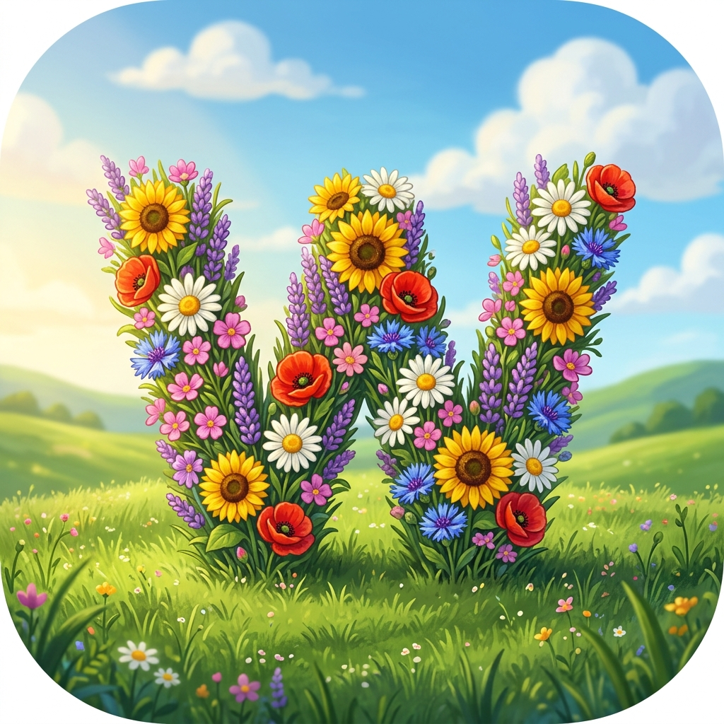 Word Meadow app icon — a letter W grown from wildflowers in a green meadow