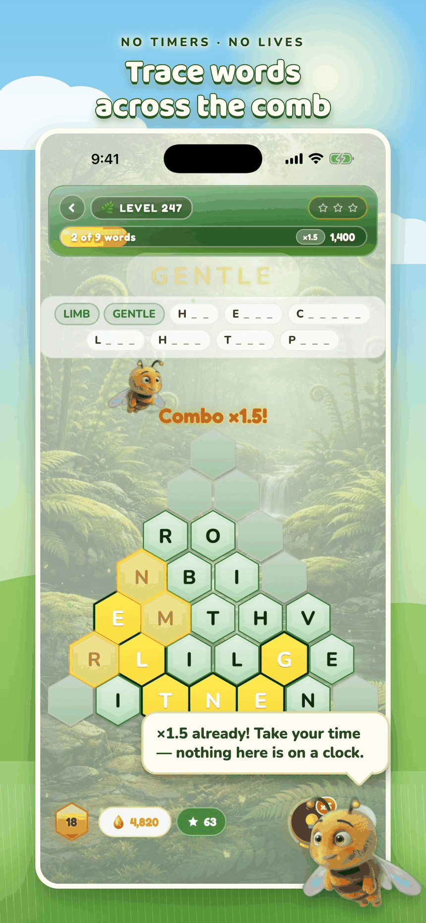 Word Meadow gameplay — tracing a word across the honeycomb letter board
