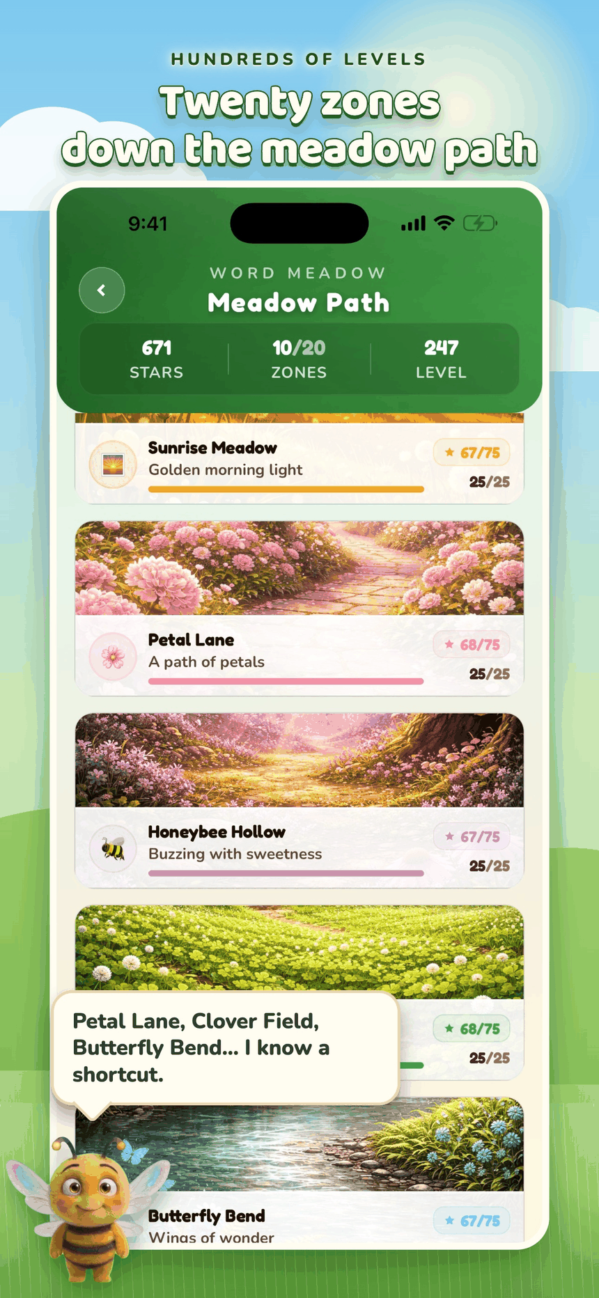 Word Meadow — the meadow path map, twenty zones of flowers waiting to be unlocked