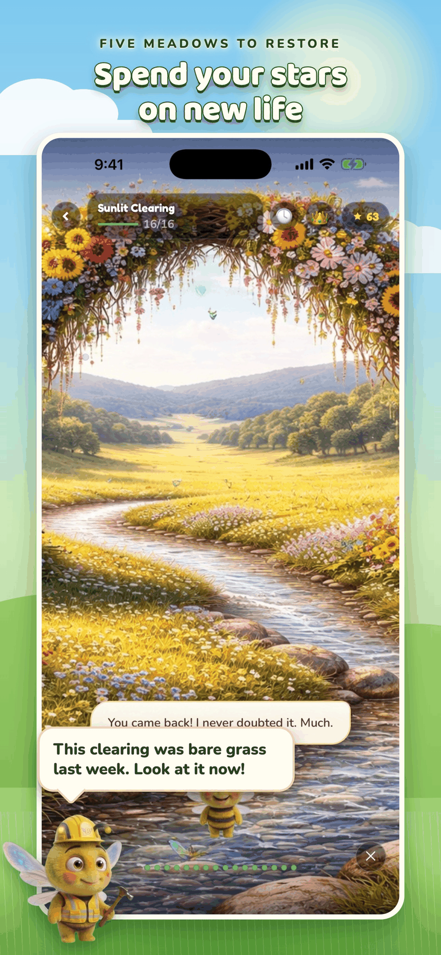 Word Meadow — a restored meadow under a flower arch, stream winding through it