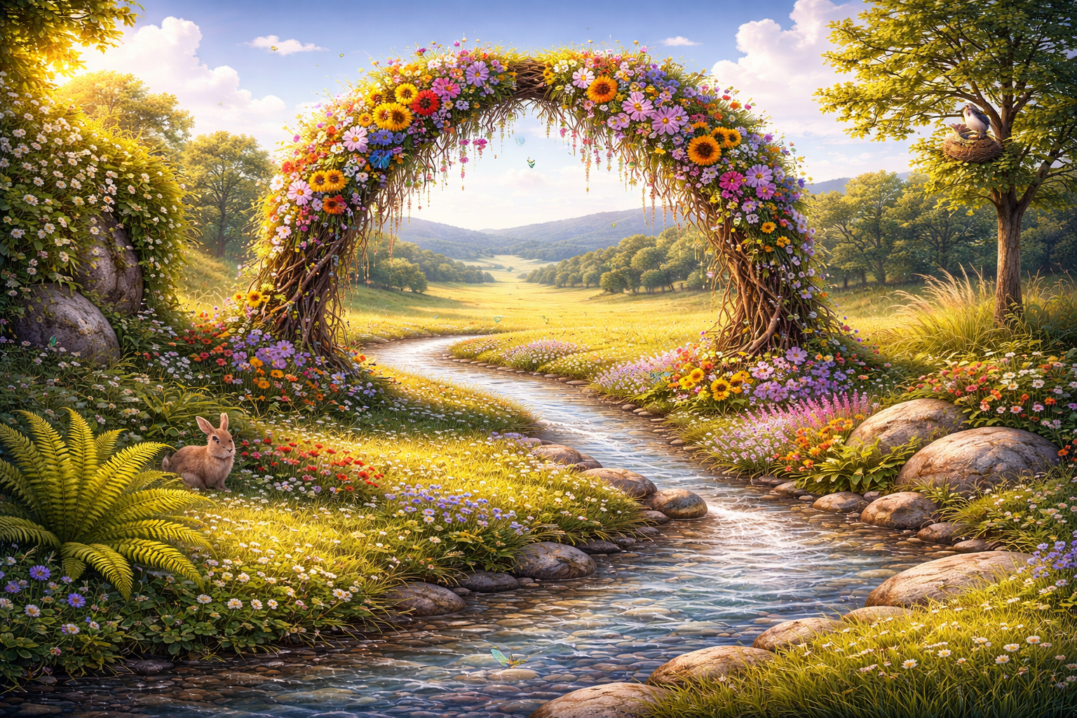 Word Meadows — a lush meadow with a flower arch, stream, and woodland creatures